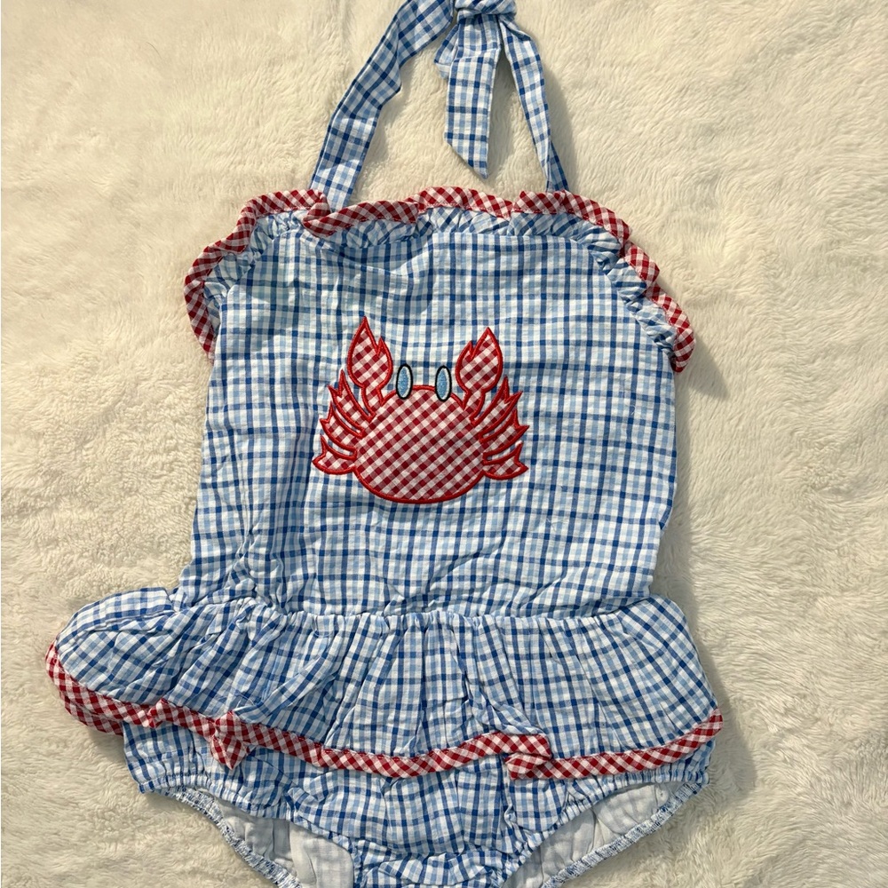 Blue and Red Gingham Crab Romper or Swimsuit
